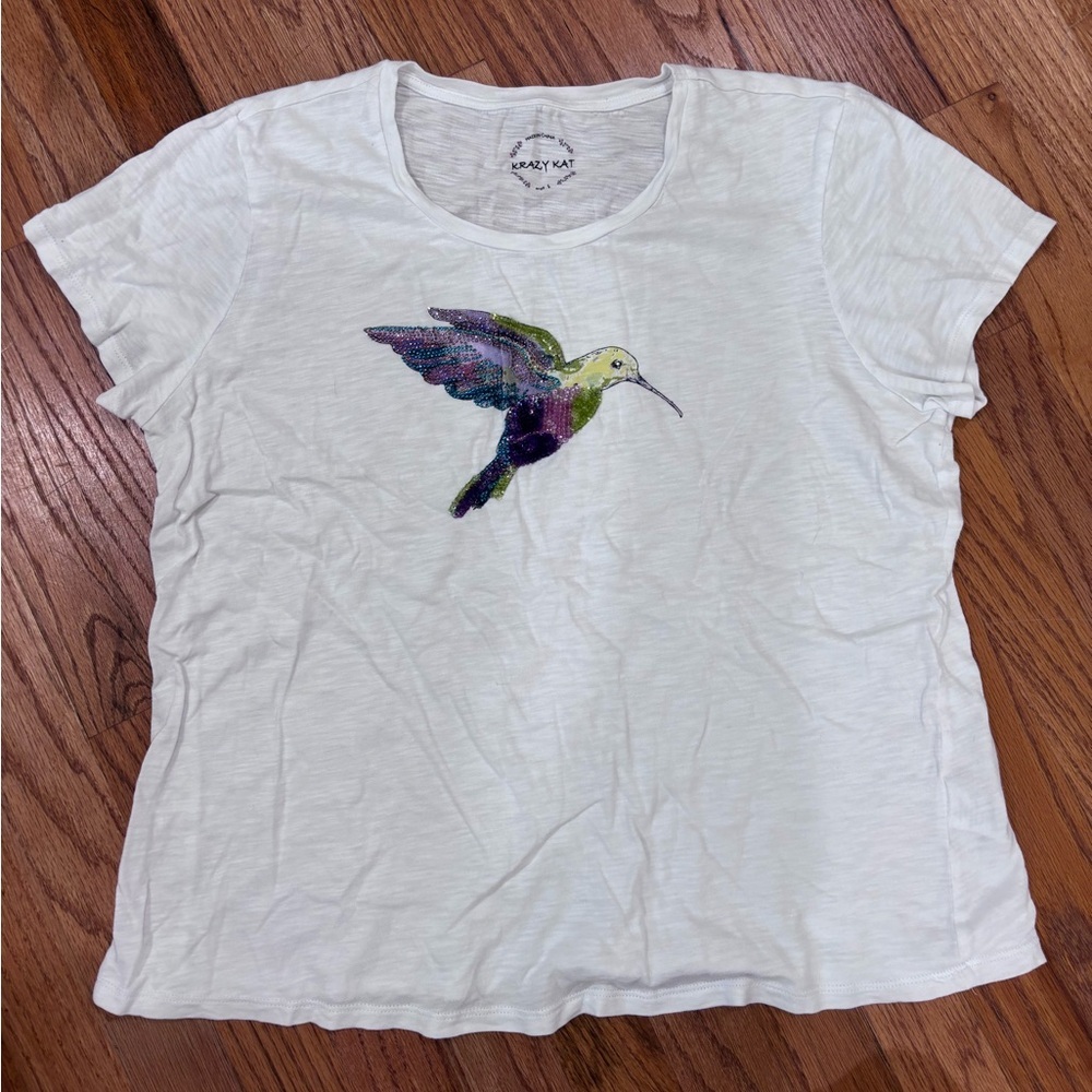 Krazy Kat White T-Shirt with Sequin Hummingbird L